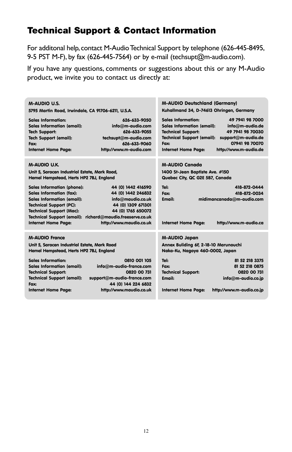 Technical support & contact information | M-AUDIO LX4 User Manual | Page 12 / 15