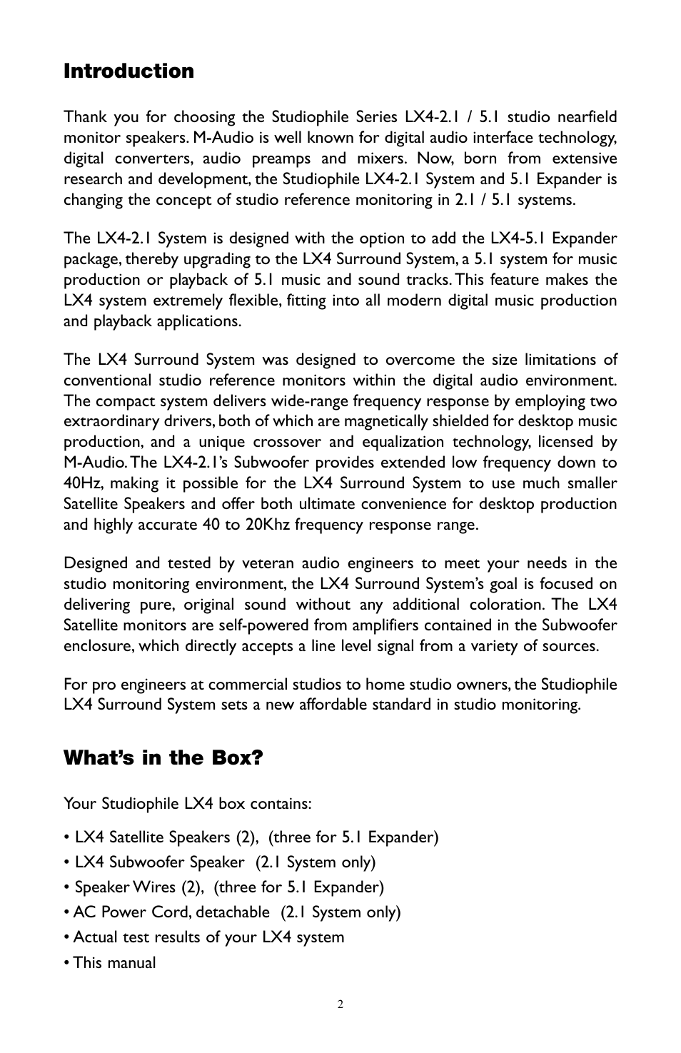 Introduction, What’s in the box | M-AUDIO LX4 User Manual | Page 2 / 15