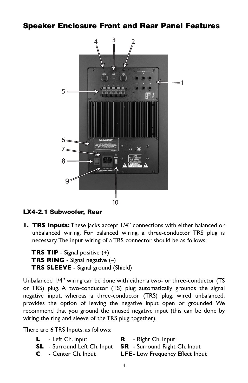 Speaker enclosure front and rear panel features | M-AUDIO LX4 User Manual | Page 4 / 15