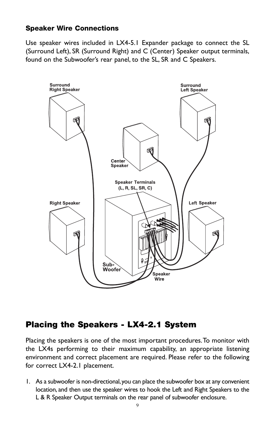 Placing the speakers - lx4-2.1 system | M-AUDIO LX4 User Manual | Page 9 / 15