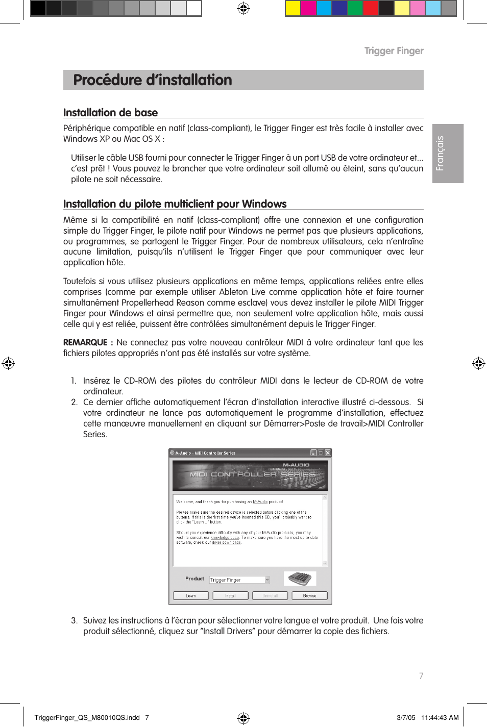 Procédure d’installation | M-AUDIO TRIGGERFINGER QS_M80010QS User Manual | Page 7 / 16