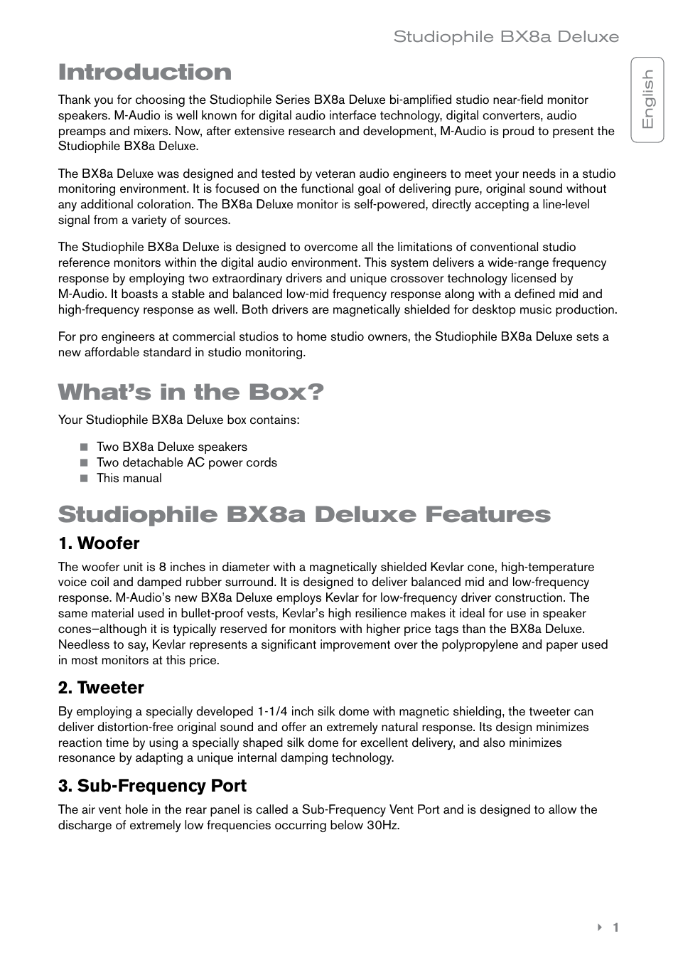 Introduction, What’s in the box, Studiophile bx8a deluxe features | M-AUDIO BX8a User Manual | Page 2 / 8