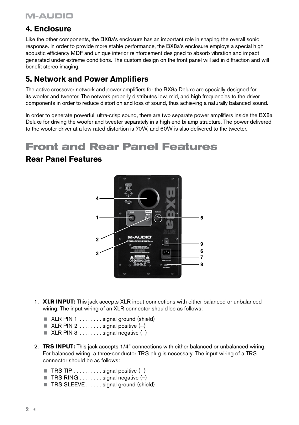 Front and rear panel features, Enclosure, Network and power amplifiers | Rear panel features | M-AUDIO BX8a User Manual | Page 3 / 8