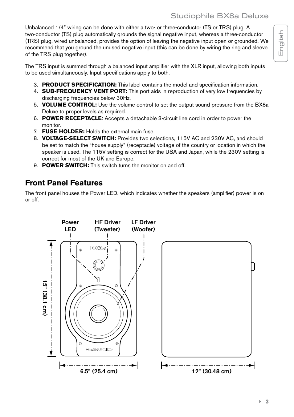 Front panel features | M-AUDIO BX8a User Manual | Page 4 / 8