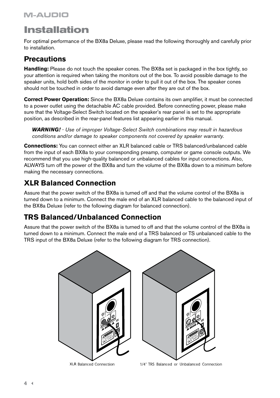 Installation, Precautions, Xlr balanced connection | Trs balanced/unbalanced connection | M-AUDIO BX8a User Manual | Page 5 / 8