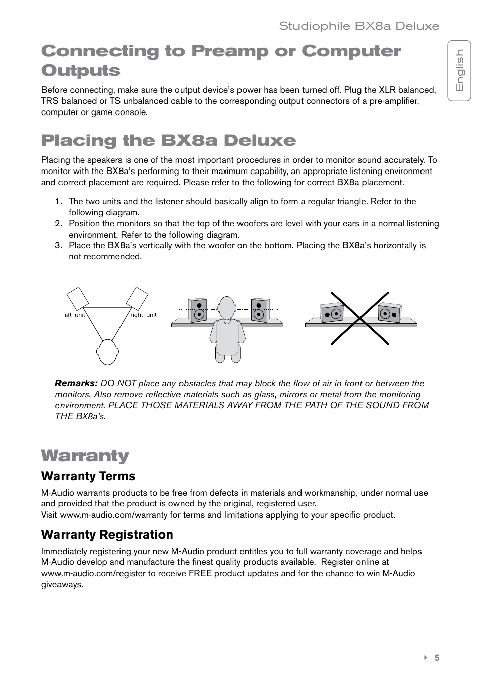 Connecting to preamp or computer outputs, Placing the bx8a deluxe, Warranty | M-AUDIO BX8a User Manual | Page 6 / 8