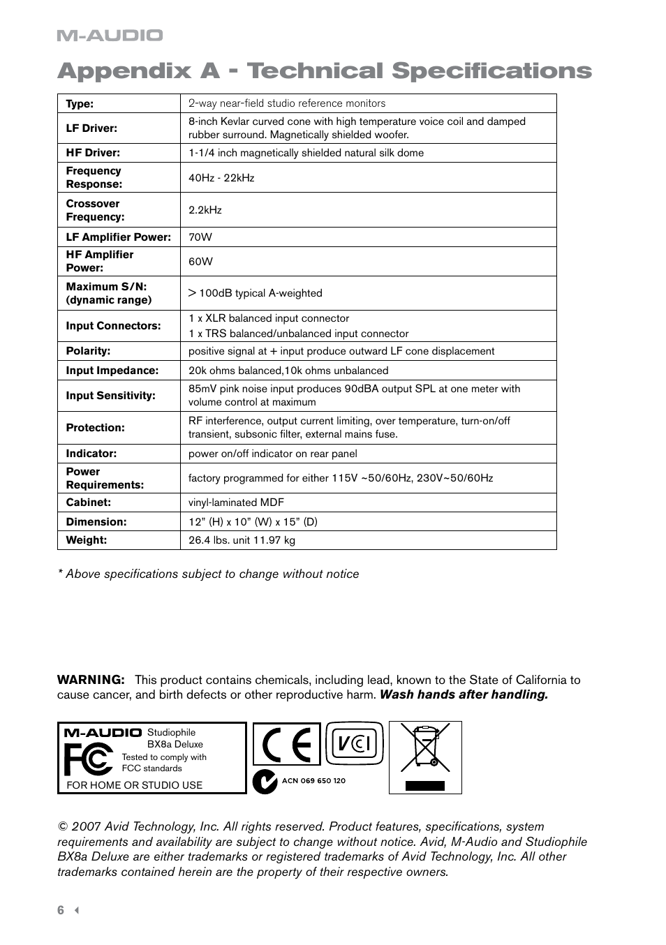 Appendix a - technical specifications | M-AUDIO BX8a User Manual | Page 7 / 8