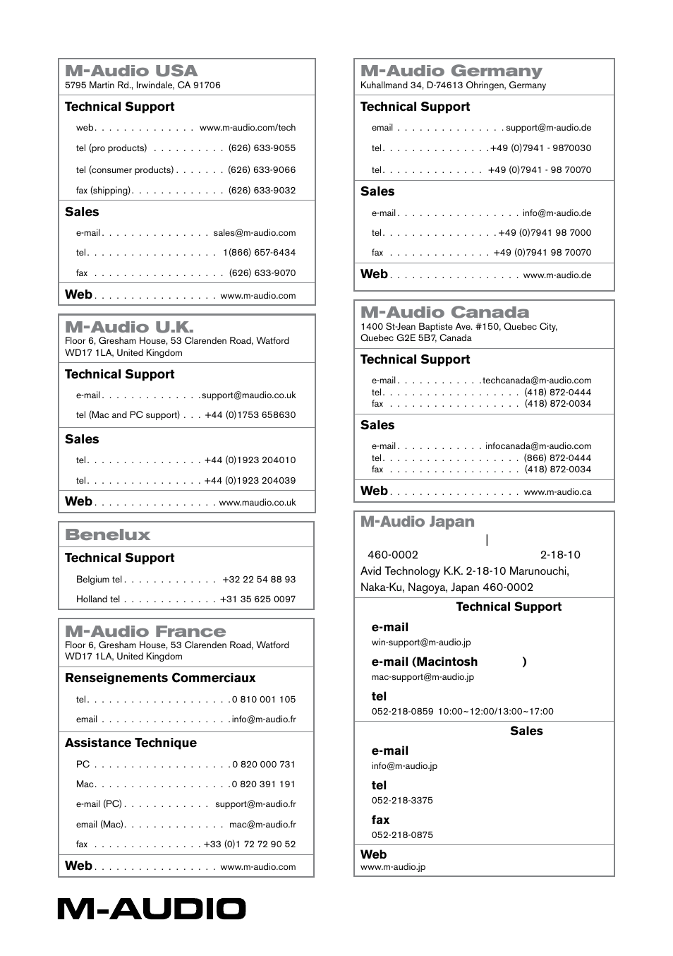 Contact, M-audio usa, M-audio u.k | Benelux, M-audio france, M-audio germany, M-audio canada, M-audio japan | M-AUDIO BX8a User Manual | Page 8 / 8