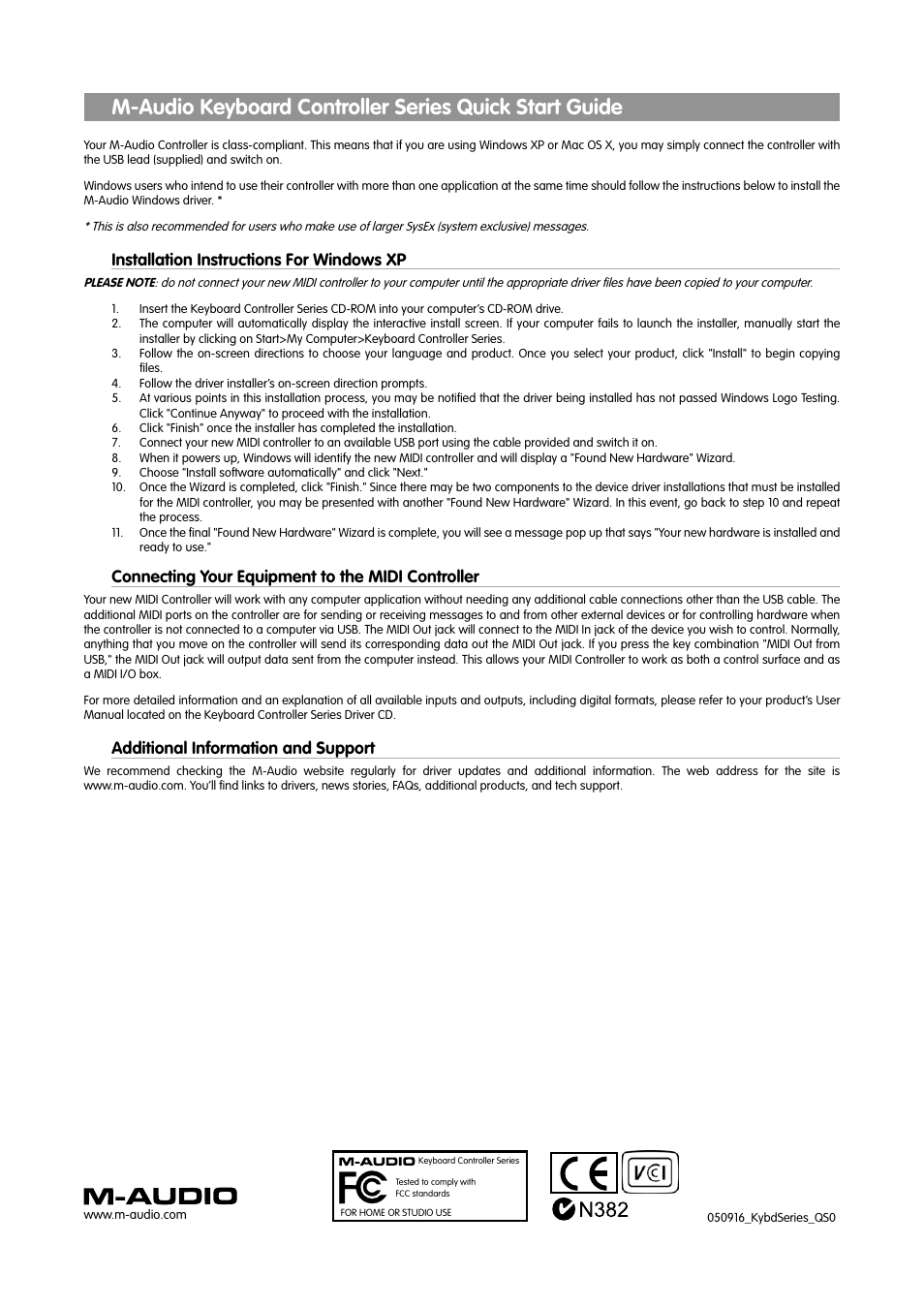Installation instructions for windows xp, Connecting your equipment to the midi controller, Additional information and support | M-AUDIO QS02 User Manual | Page 2 / 2