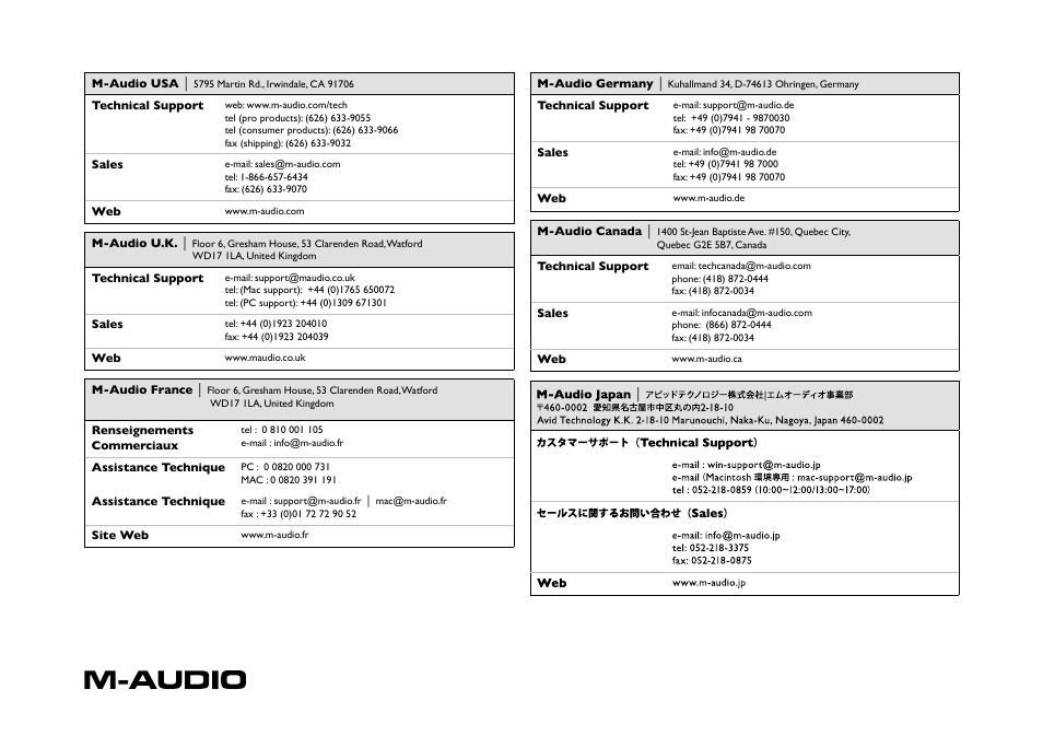 Contact | M-AUDIO Computer Hardware User Manual | Page 10 / 10