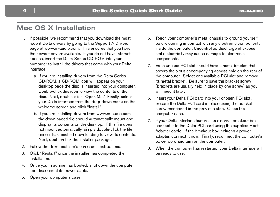 Mac os x installation | M-AUDIO Computer Hardware User Manual | Page 5 / 10