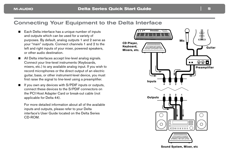 Connecting your equipment to the delta interface, Delta series quick start guide | M-AUDIO Computer Hardware User Manual | Page 6 / 10