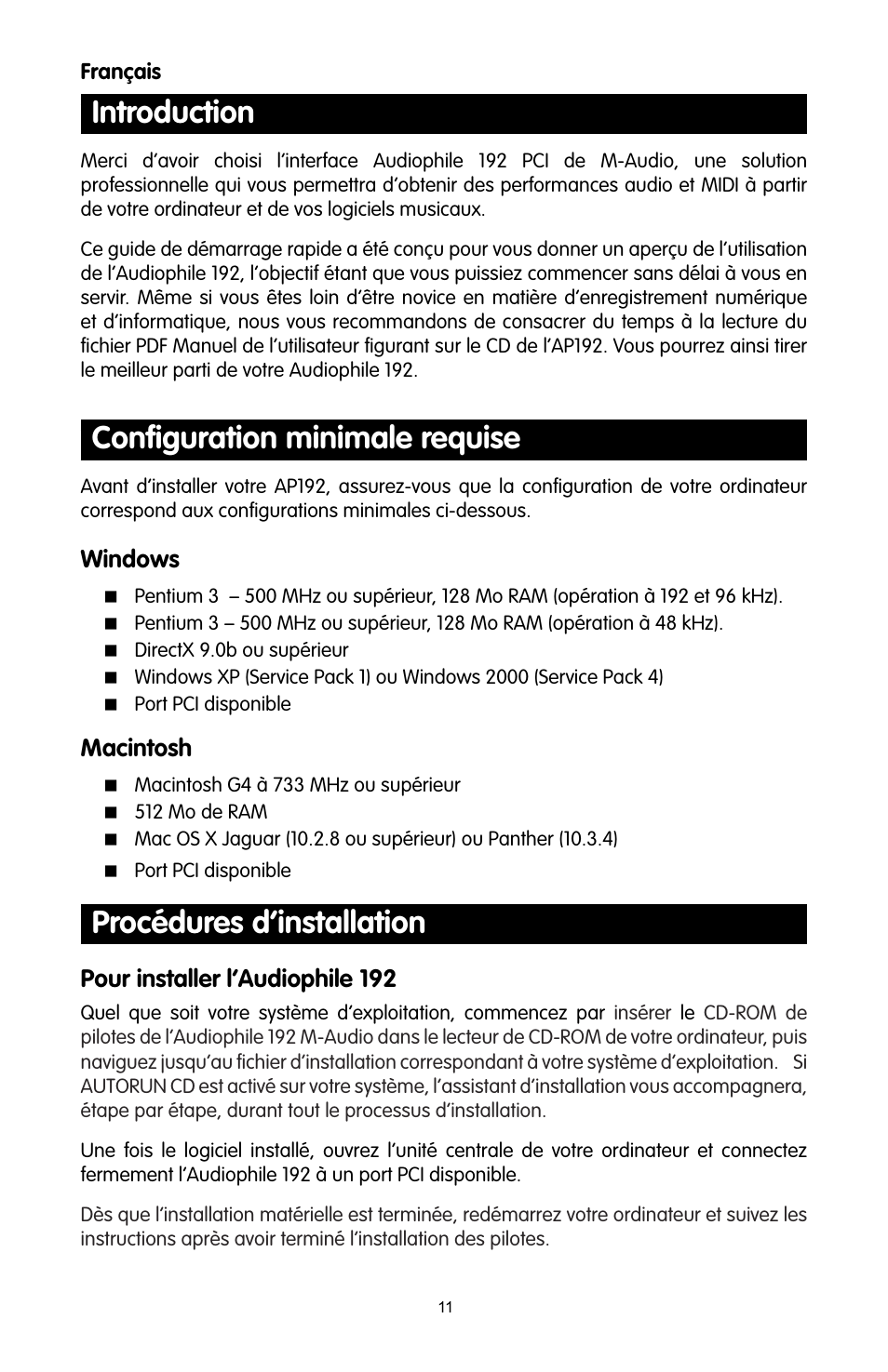 Français, Introduction, Conﬁguration minimale requise | Procédures d’installation, Windows, Macintosh, Pour installer l’audiophile 192 | M-AUDIO 192 User Manual | Page 10 / 39