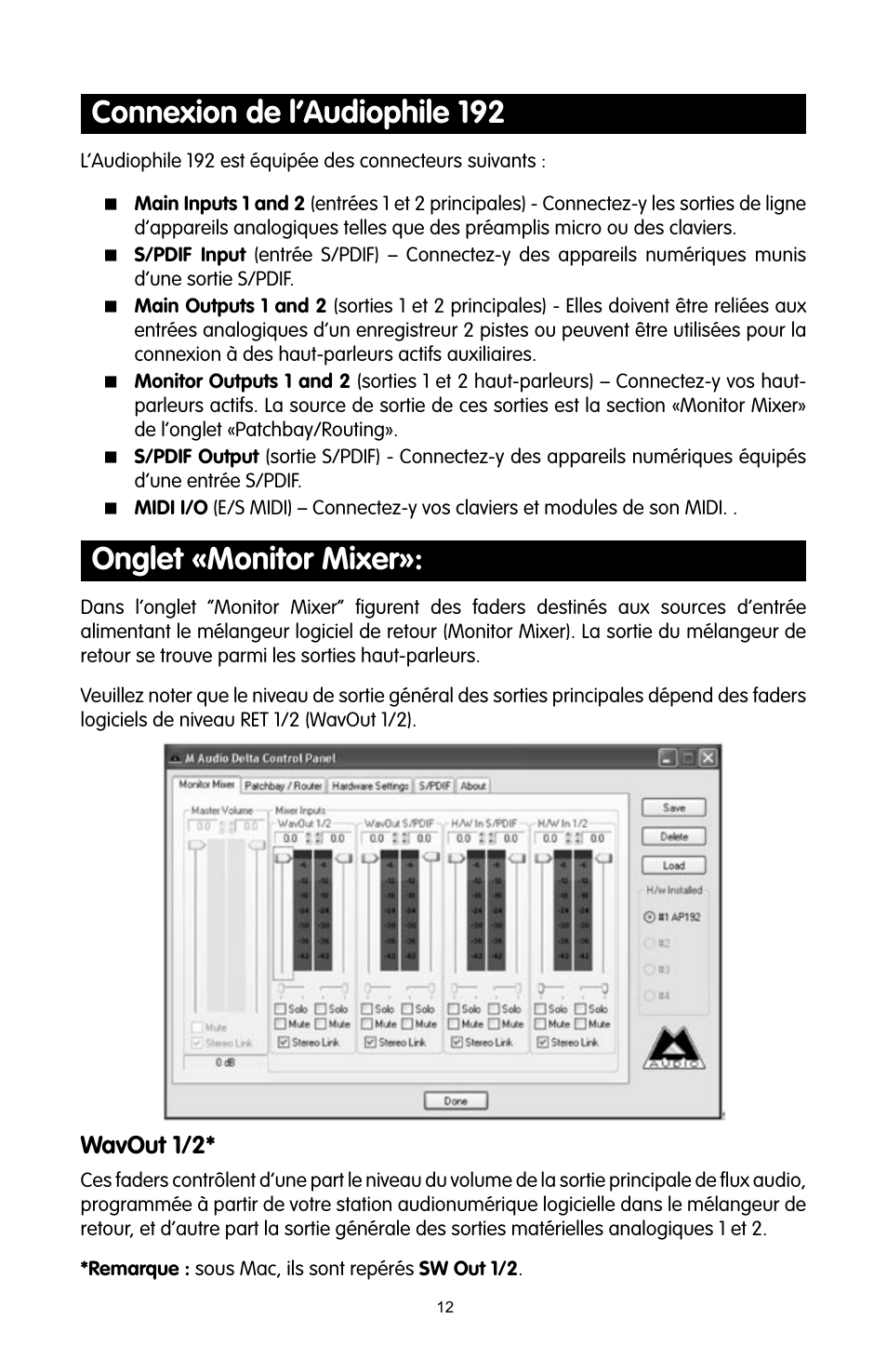 Connexion de l’audiophile 192, Onglet «monitor mixer, Wavout 1/2 | M-AUDIO 192 User Manual | Page 11 / 39