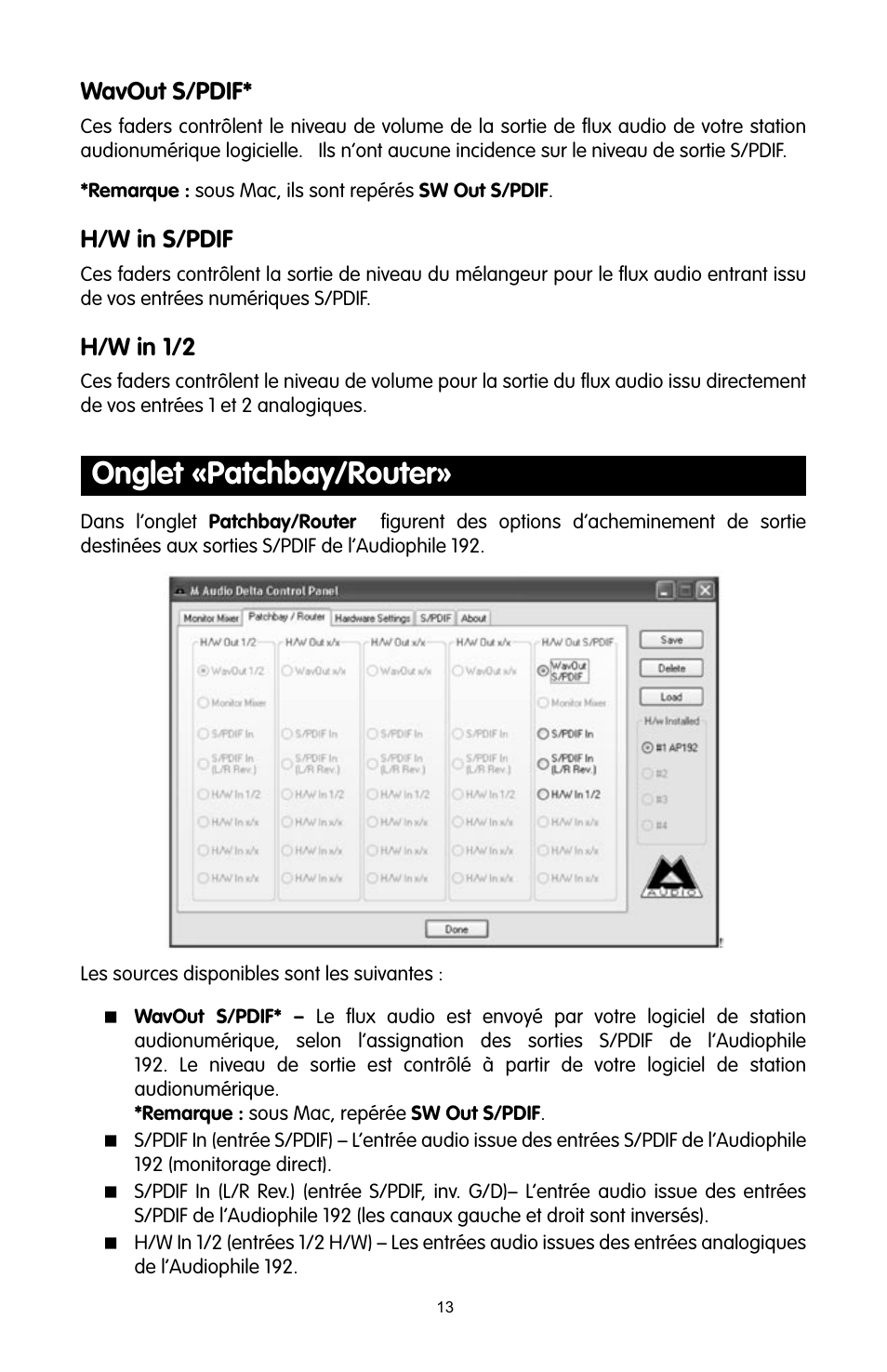 Onglet «patchbay/router, Wavout s/pdif, H/w in s/pdif | H/w in 1/2 | M-AUDIO 192 User Manual | Page 12 / 39