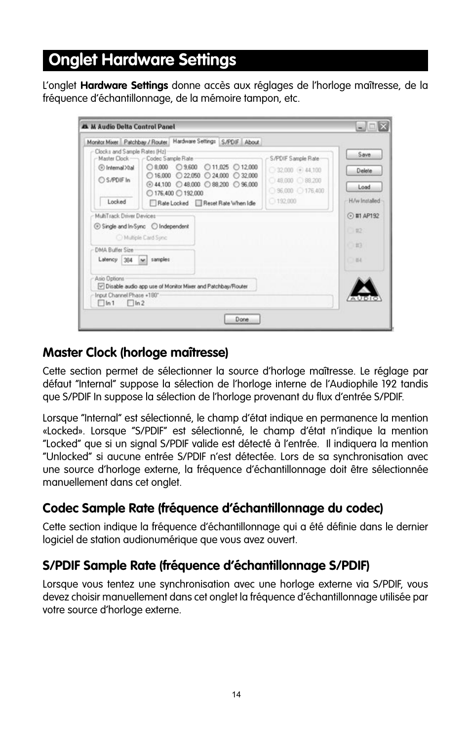 Onglet hardware settings | M-AUDIO 192 User Manual | Page 13 / 39