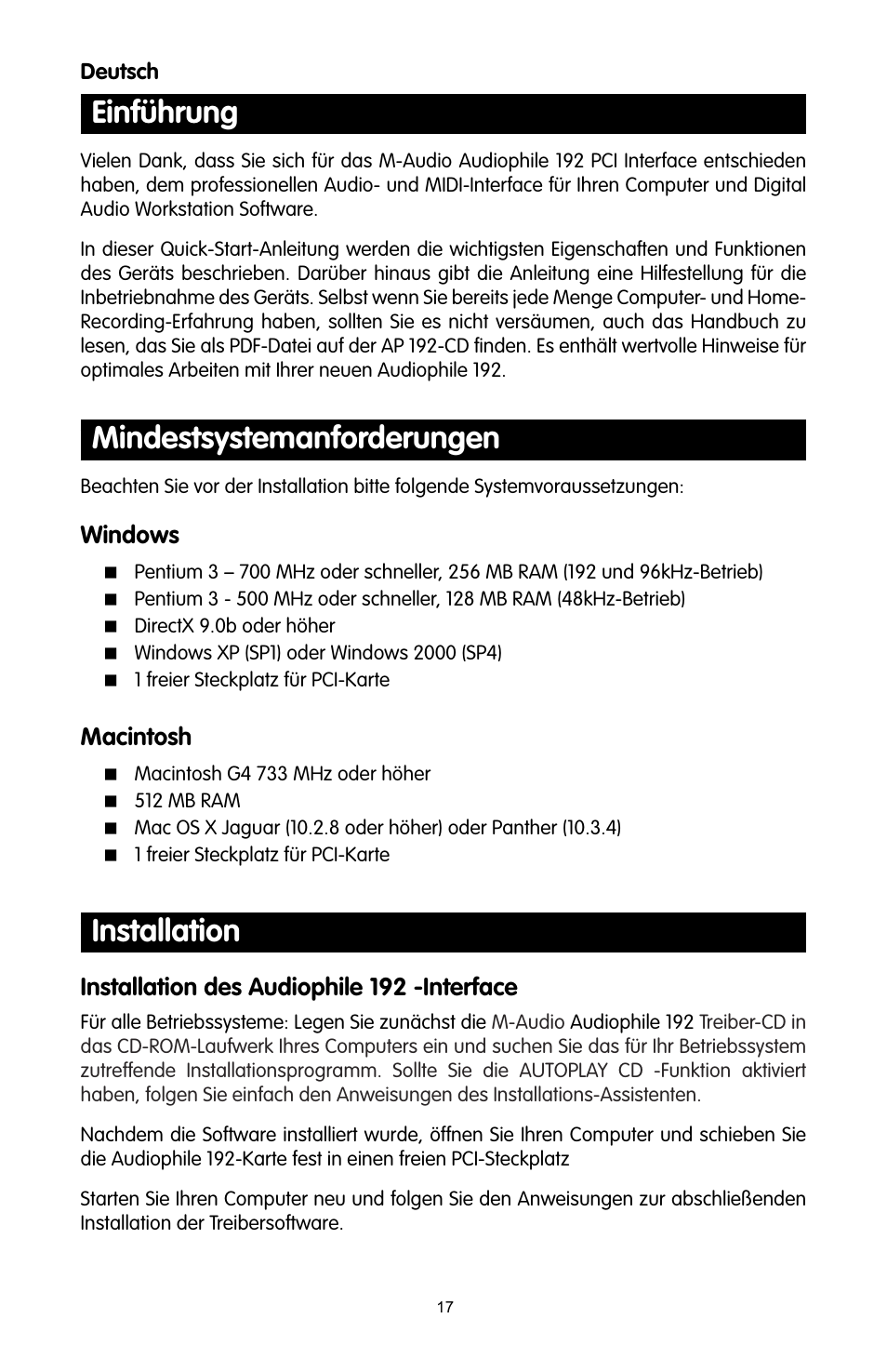 Deutsch, Einführung, Mindestsystemanforderungen | Installation, Windows, Macintosh, Installation des audiophile 192 -interface | M-AUDIO 192 User Manual | Page 16 / 39