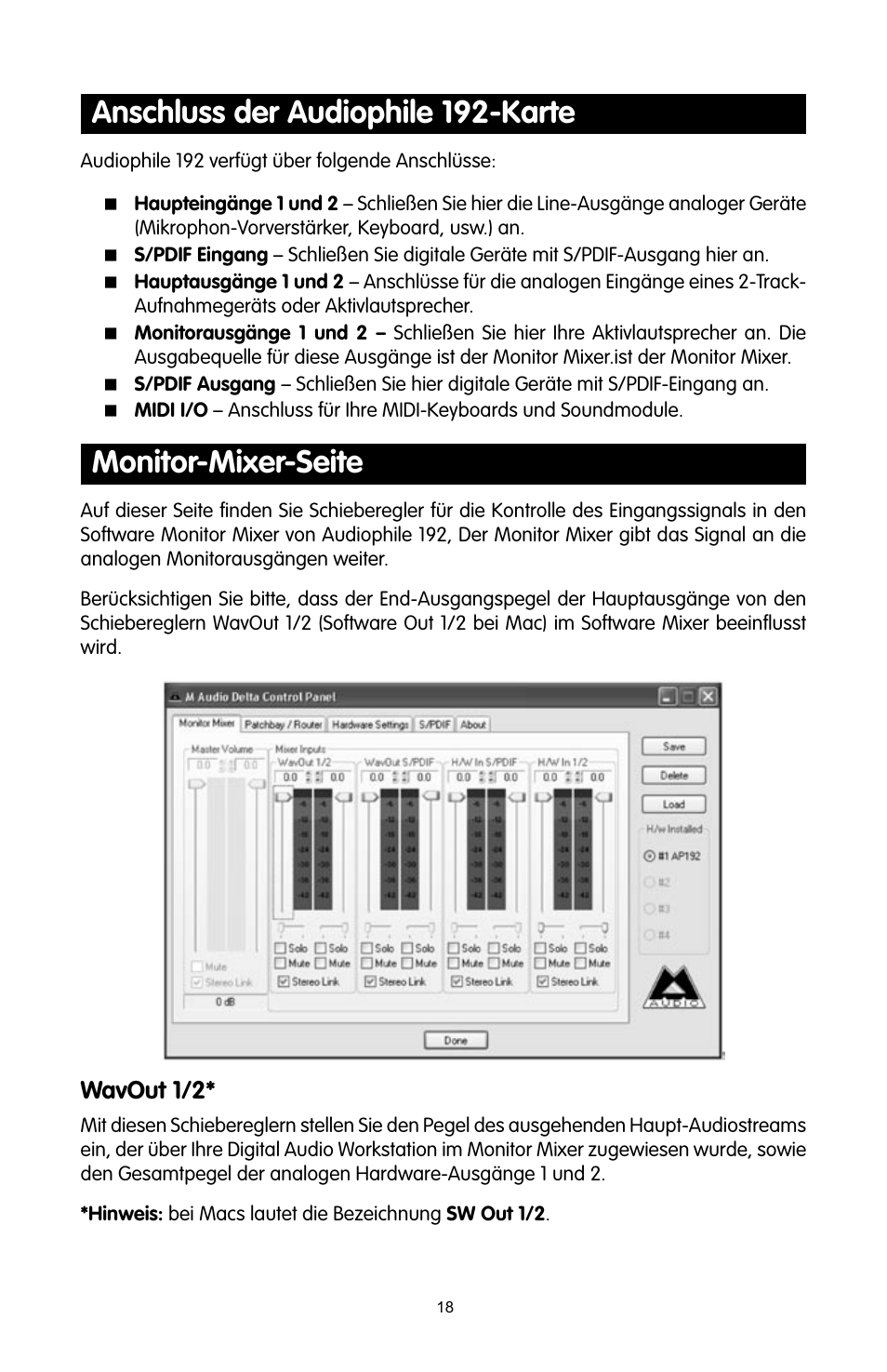 Anschluss der audiophile 192-karte, Monitor-mixer-seite, Wavout 1/2 | M-AUDIO 192 User Manual | Page 17 / 39