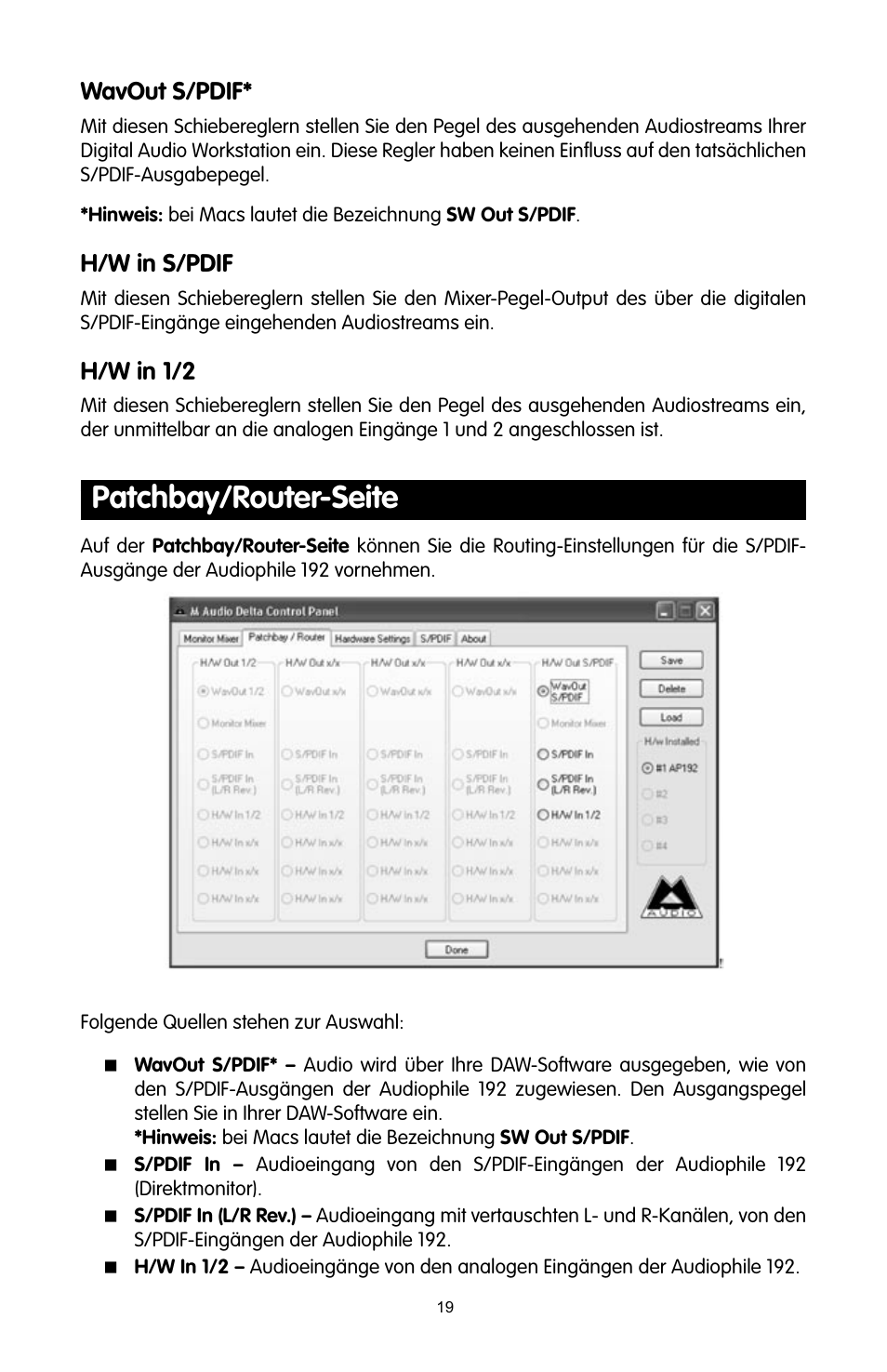Patchbay/router-seite, Wavout s/pdif, H/w in s/pdif | H/w in 1/2 | M-AUDIO 192 User Manual | Page 18 / 39