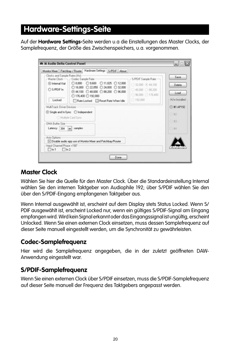 Hardware-settings-seite | M-AUDIO 192 User Manual | Page 19 / 39