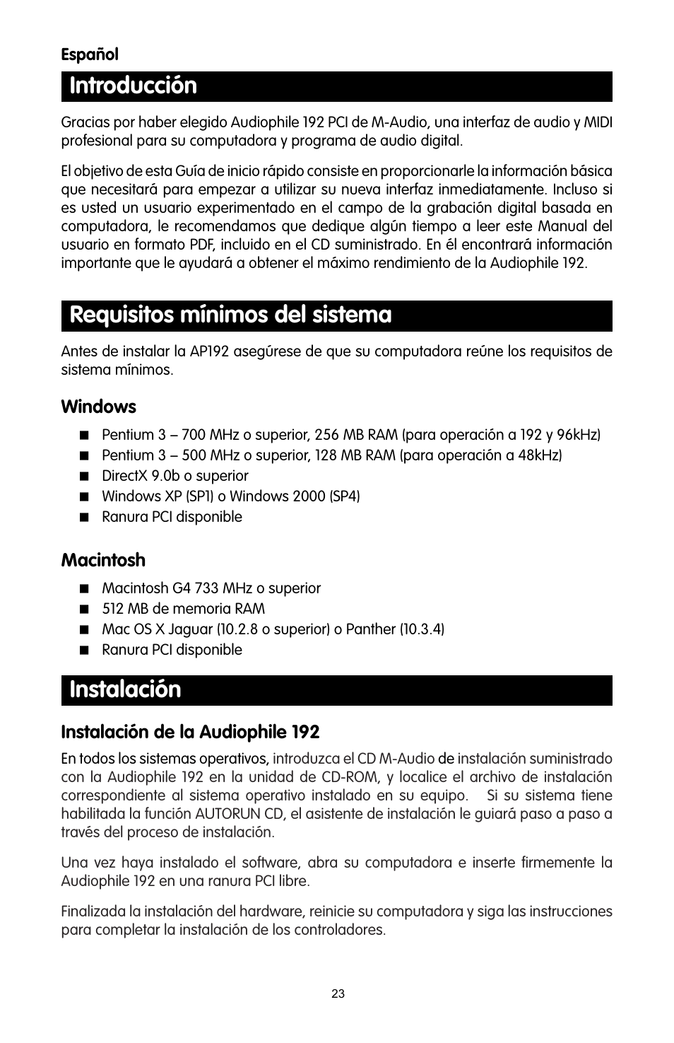 Español, Introducción, Requisitos mínimos del sistema | Instalación, Windows, Macintosh, Instalación de la audiophile 192 | M-AUDIO 192 User Manual | Page 22 / 39