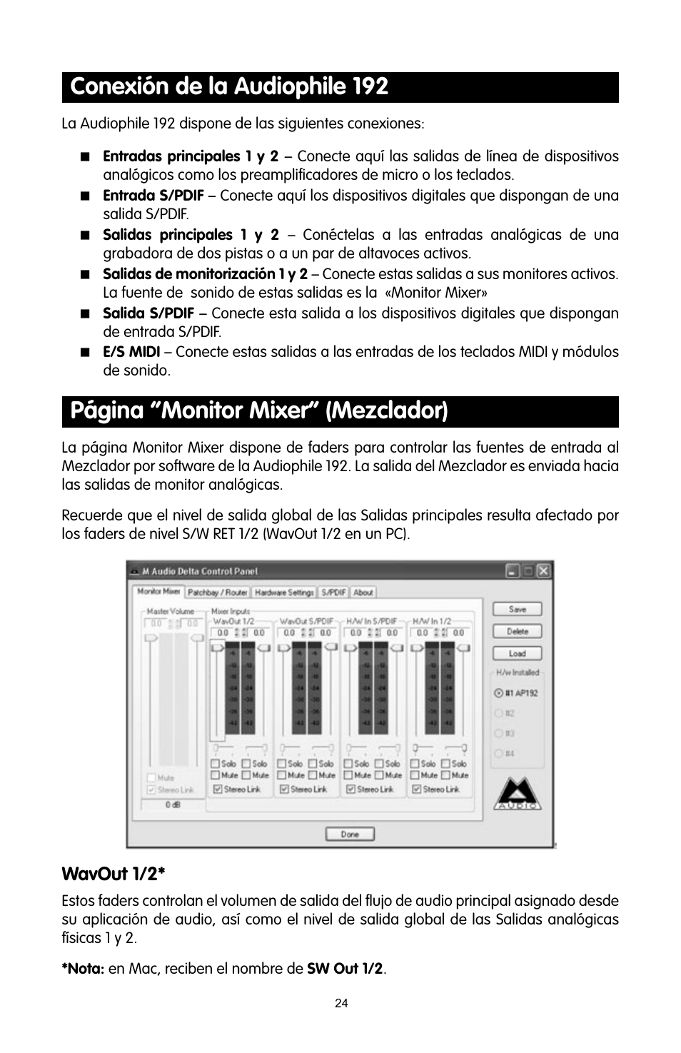 Conexión de la audiophile 192, Página “monitor mixer” (mezclador), Wavout 1/2 | M-AUDIO 192 User Manual | Page 23 / 39