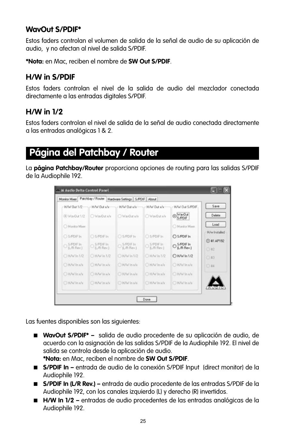 Página del patchbay / router, Wavout s/pdif, H/w in s/pdif | H/w in 1/2 | M-AUDIO 192 User Manual | Page 24 / 39
