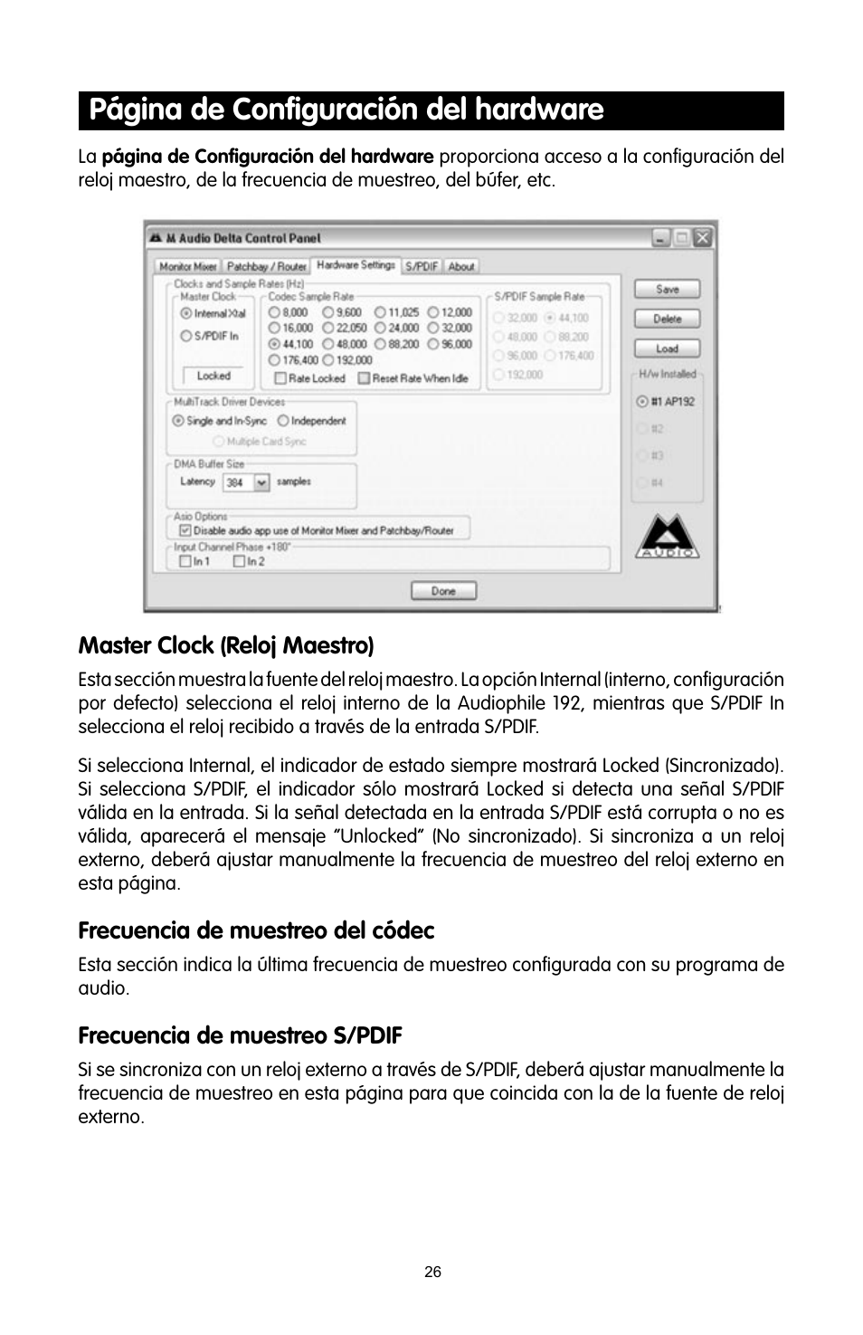 Página de conﬁguración del hardware | M-AUDIO 192 User Manual | Page 25 / 39