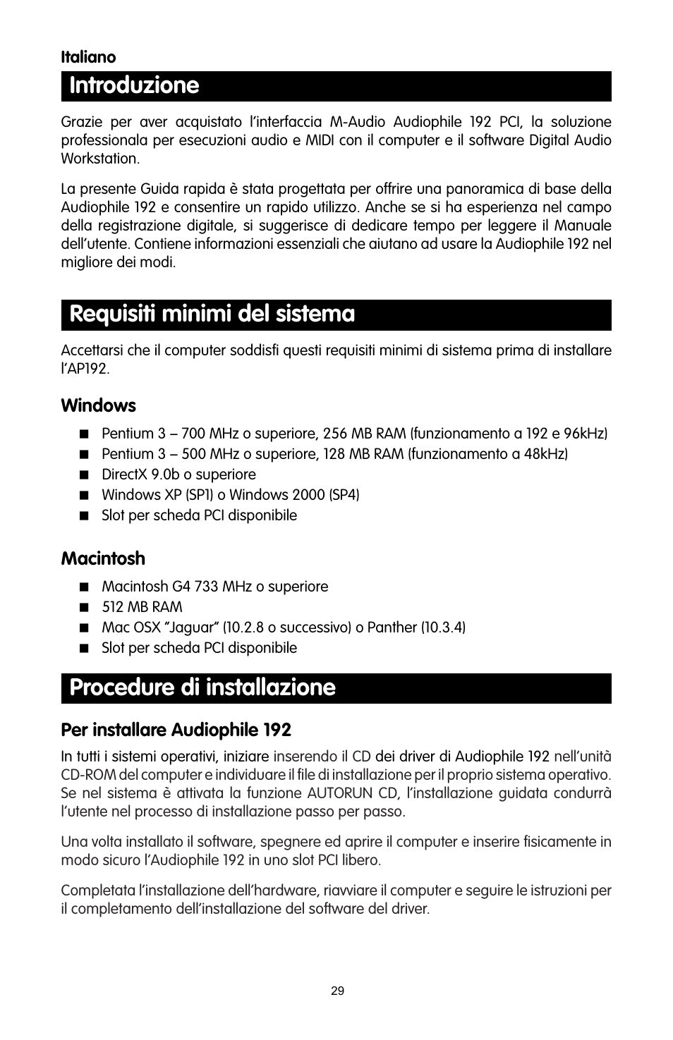 Italiano, Introduzione, Requisiti minimi del sistema | Procedure di installazione, Windows, Macintosh, Per installare audiophile 192 | M-AUDIO 192 User Manual | Page 28 / 39