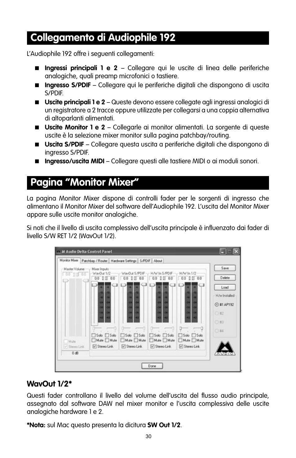 Collegamento di audiophile 192, Pagina “monitor mixer, Wavout 1/2 | M-AUDIO 192 User Manual | Page 29 / 39