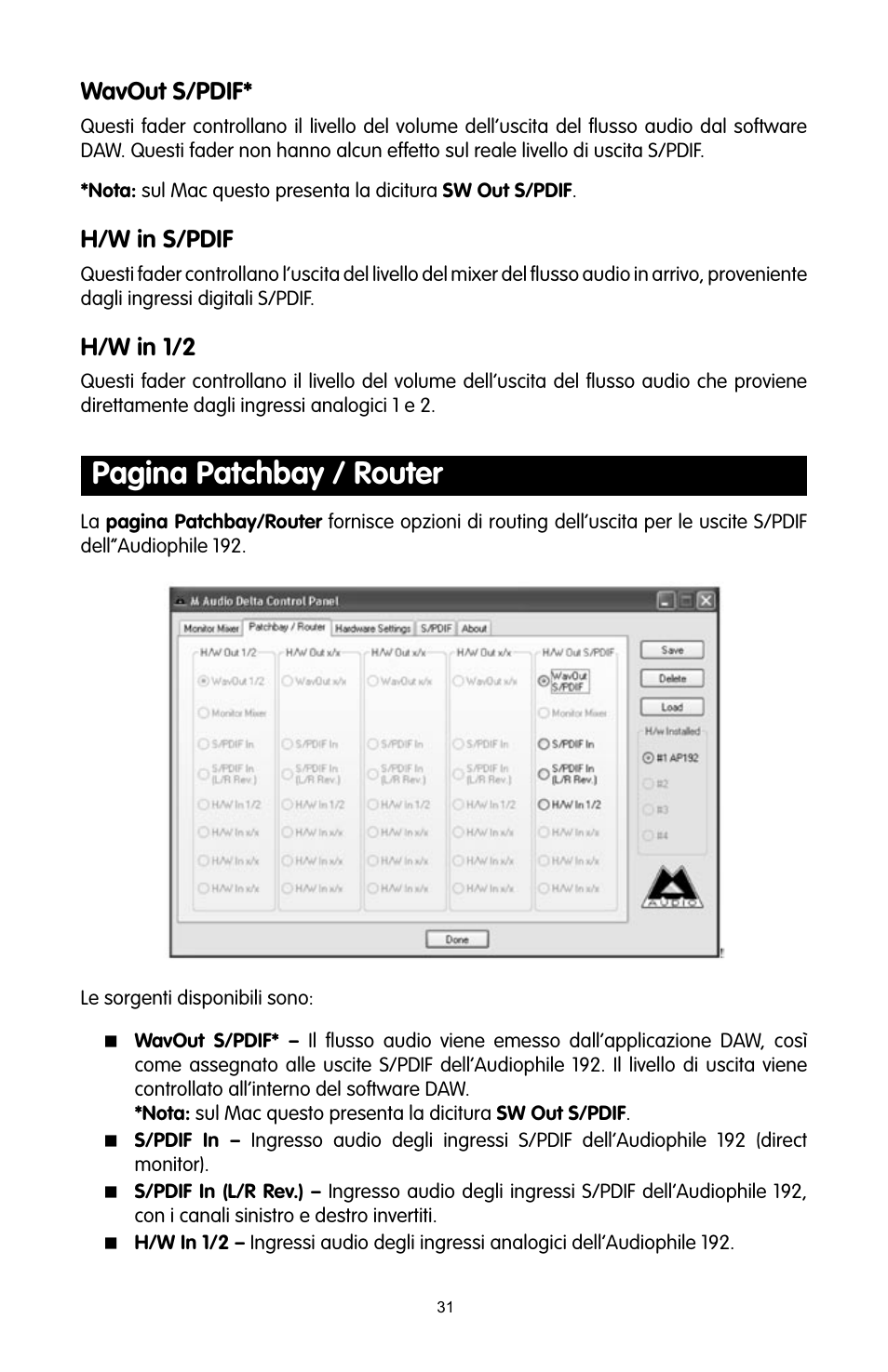 Pagina patchbay / router, Wavout s/pdif, H/w in s/pdif | H/w in 1/2 | M-AUDIO 192 User Manual | Page 30 / 39