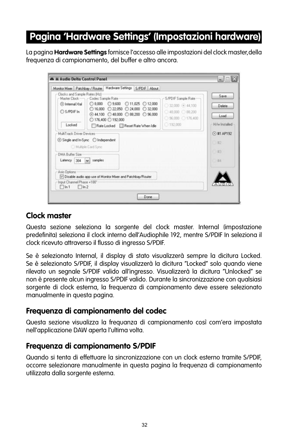 Pagina ‘hardware settings’ (impostazioni hardware) | M-AUDIO 192 User Manual | Page 31 / 39