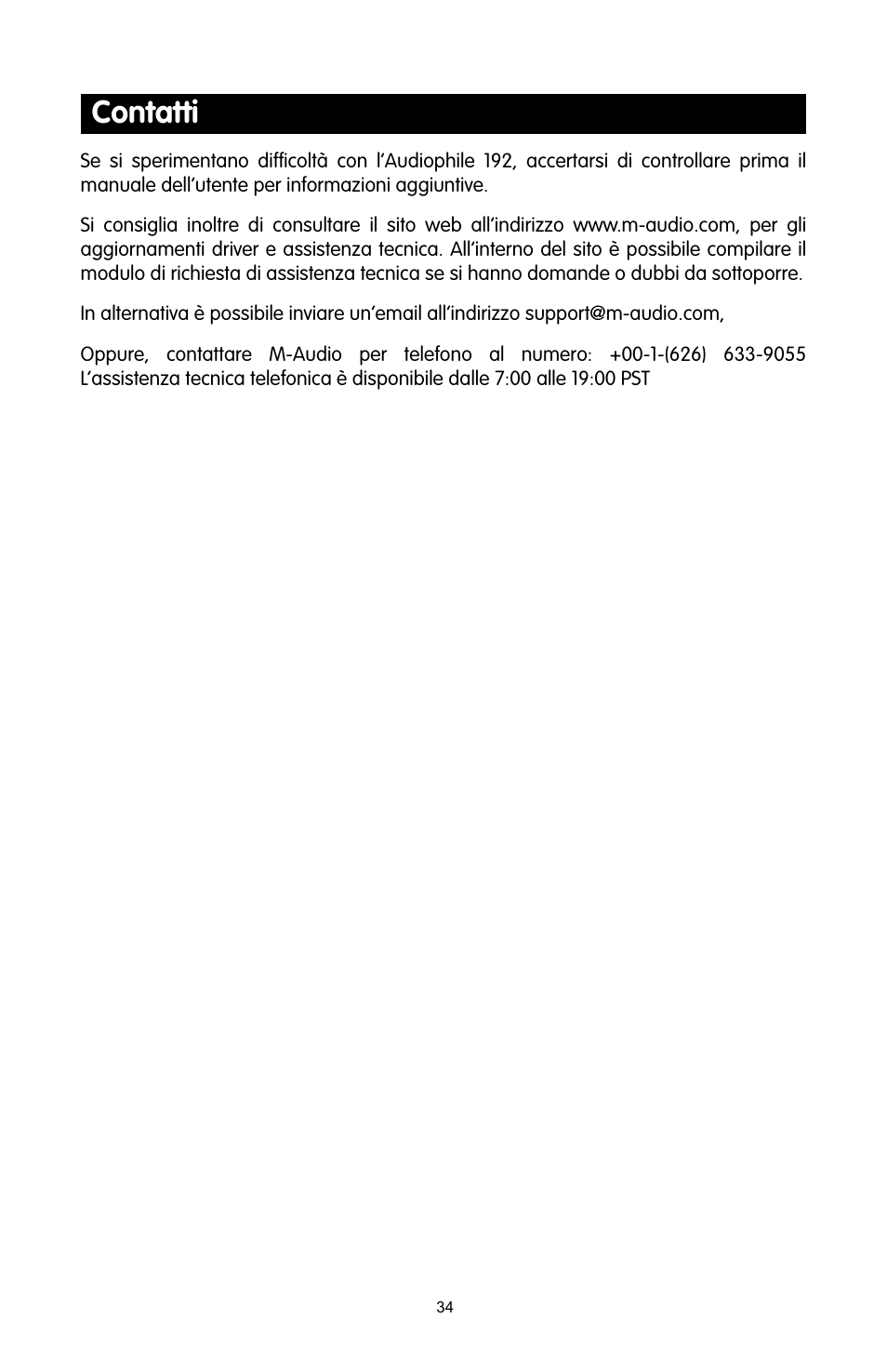 Contatti | M-AUDIO 192 User Manual | Page 33 / 39