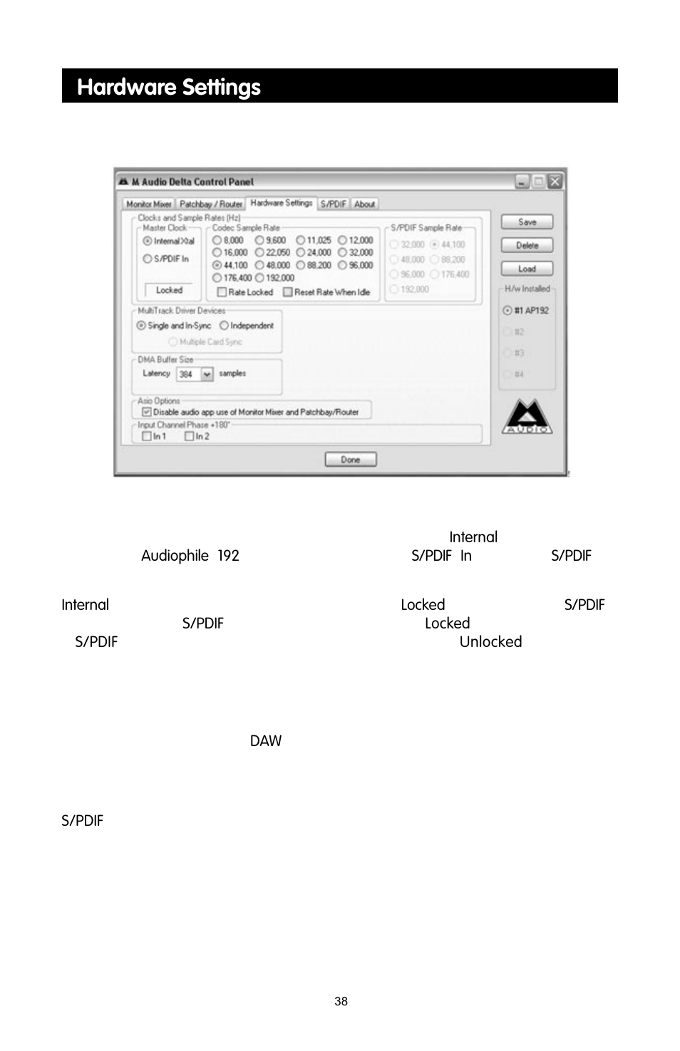 Hardware settings | M-AUDIO 192 User Manual | Page 37 / 39