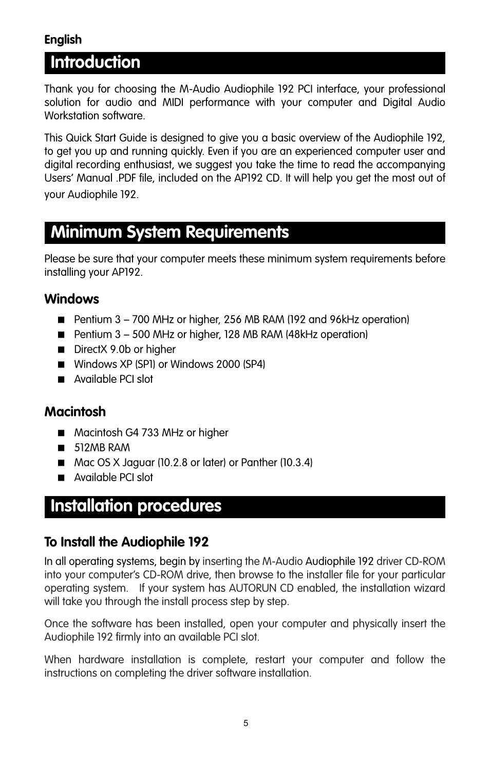 English, Introduction, Minimum system requirements | Installation procedures, Windows, Macintosh | M-AUDIO 192 User Manual | Page 4 / 39