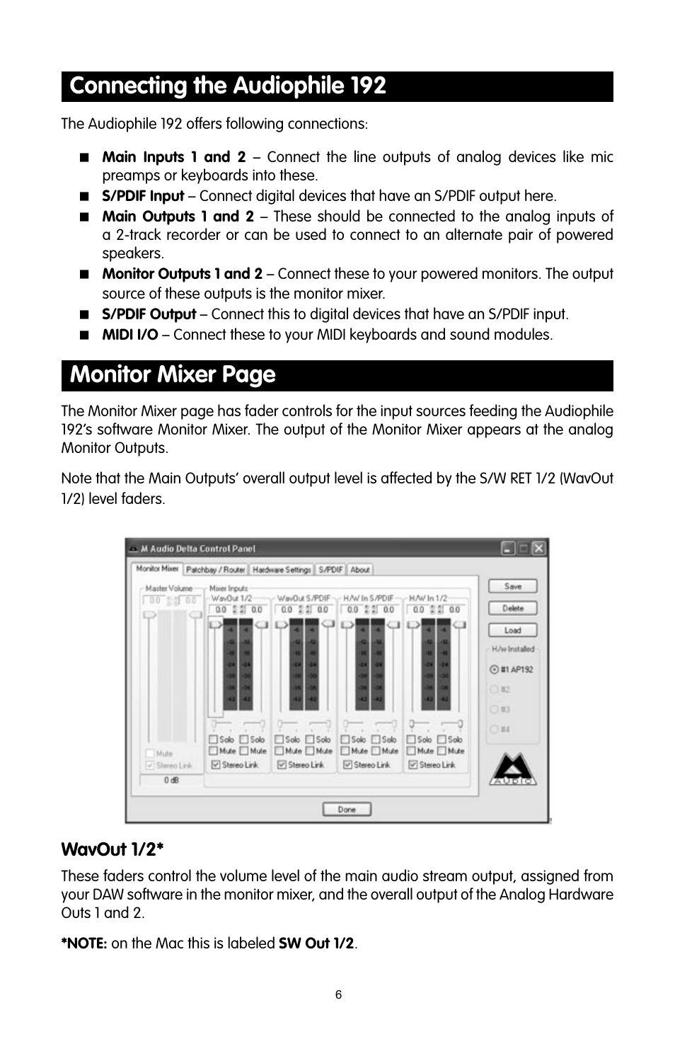 Connecting the audiophile 192, Monitor mixer page, Wavout 1/2 | M-AUDIO 192 User Manual | Page 5 / 39