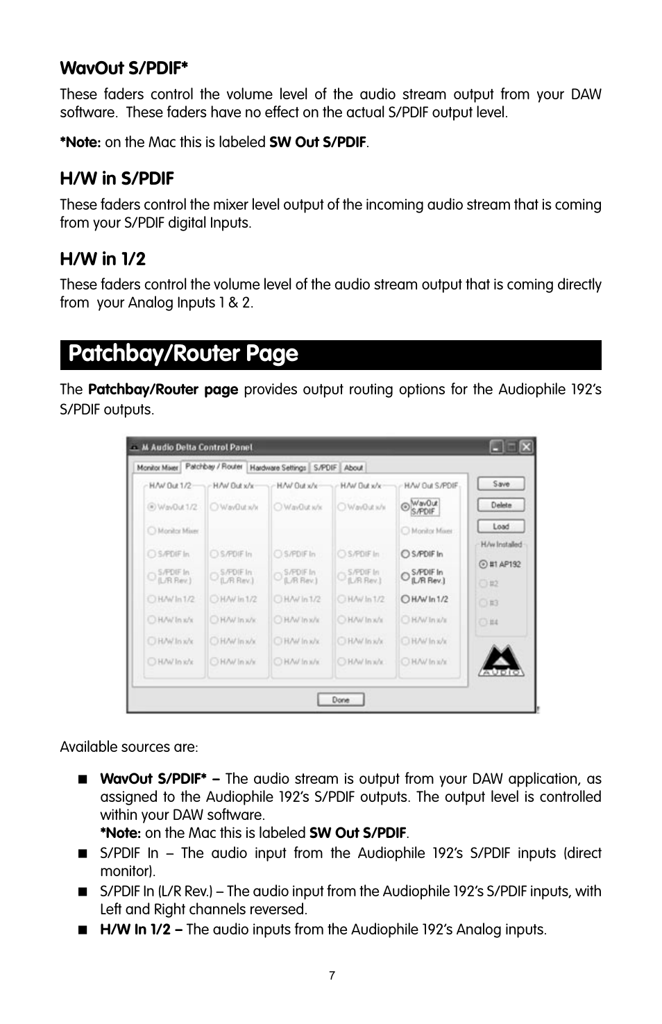 Patchbay/router page, Wavout s/pdif, H/w in s/pdif | H/w in 1/2 | M-AUDIO 192 User Manual | Page 6 / 39