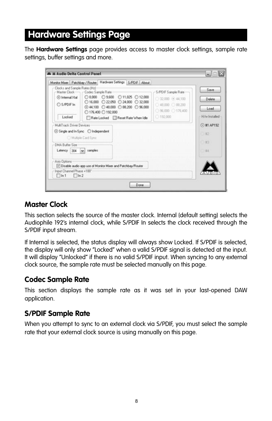 Hardware settings page | M-AUDIO 192 User Manual | Page 7 / 39