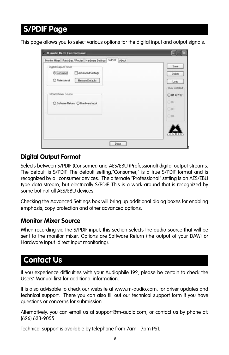 Contact us, S/pdif page | M-AUDIO 192 User Manual | Page 8 / 39