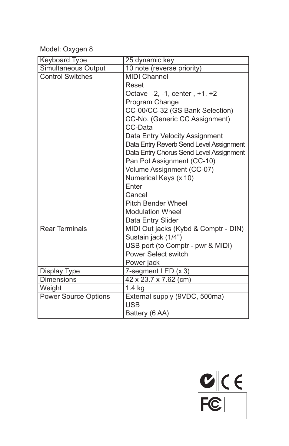 Specifications | M-AUDIO OXYGEN OXY8_050503 User Manual | Page 20 / 24