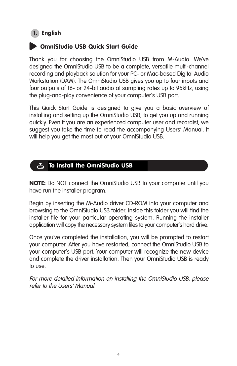 English | M-AUDIO OmniStudio USB User Manual | Page 2 / 3