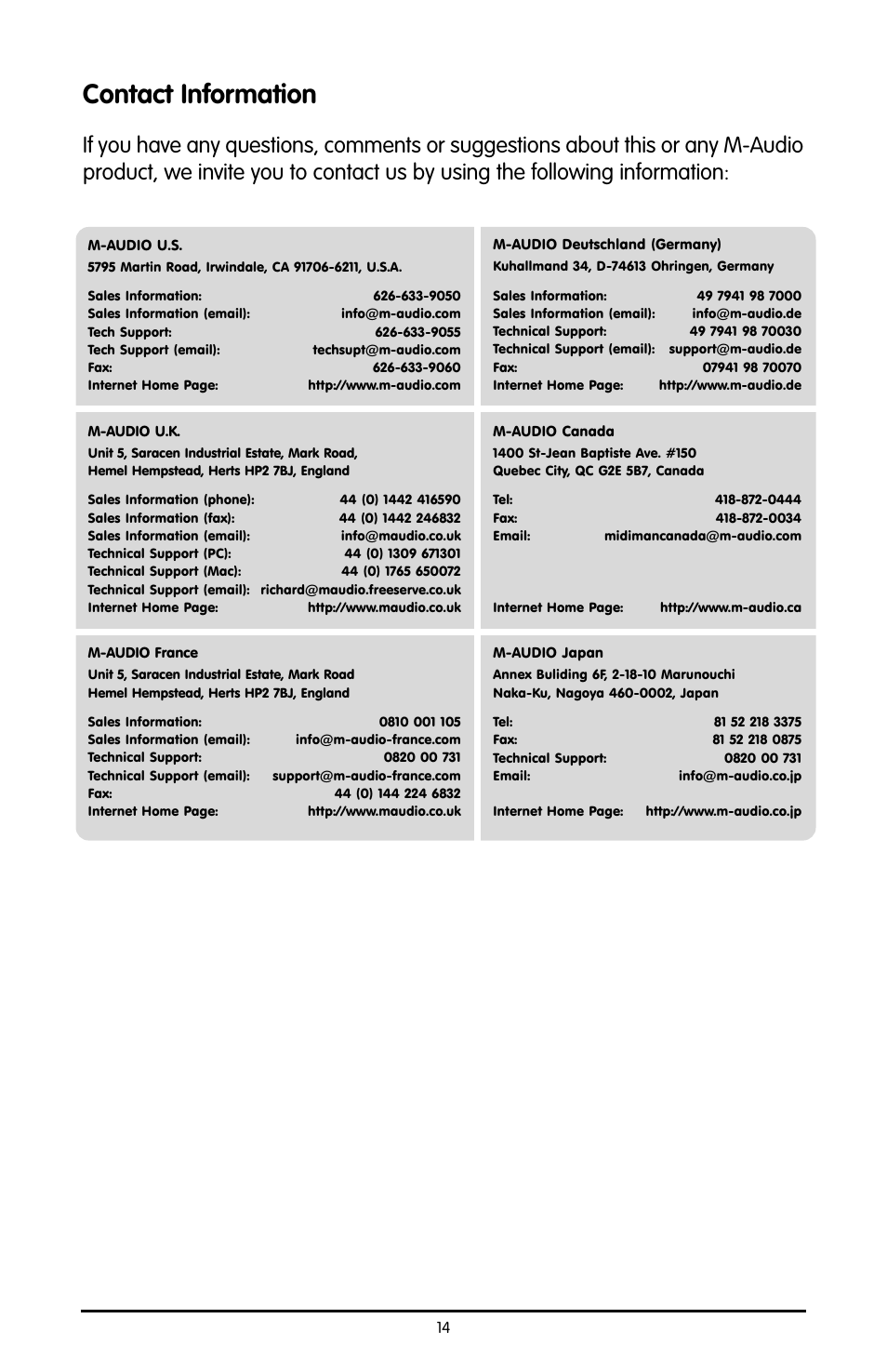 Contact information | M-AUDIO Studiophile SBX User Manual | Page 14 / 16