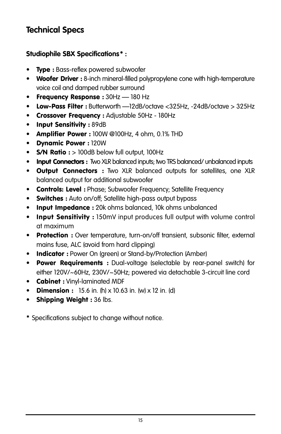 Technical specs | M-AUDIO Studiophile SBX User Manual | Page 15 / 16