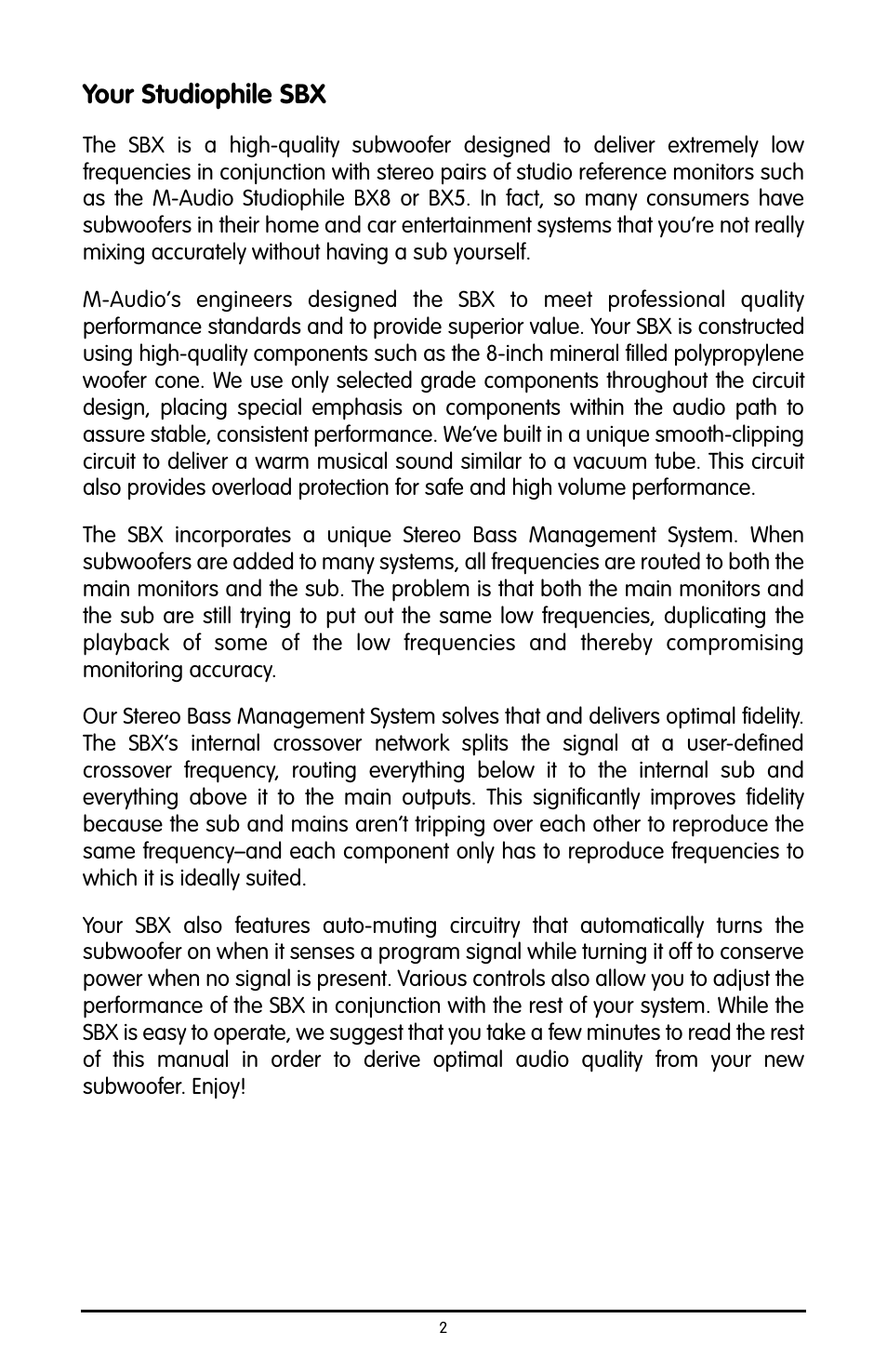 Your studiophile sbx | M-AUDIO Studiophile SBX User Manual | Page 2 / 16