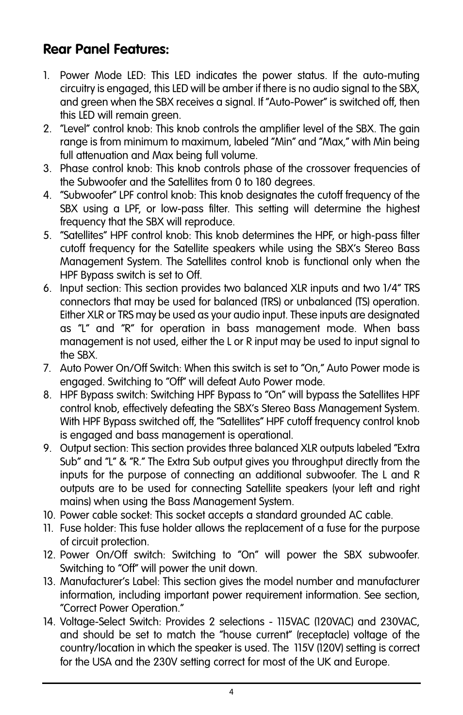 Rear panel features | M-AUDIO Studiophile SBX User Manual | Page 4 / 16