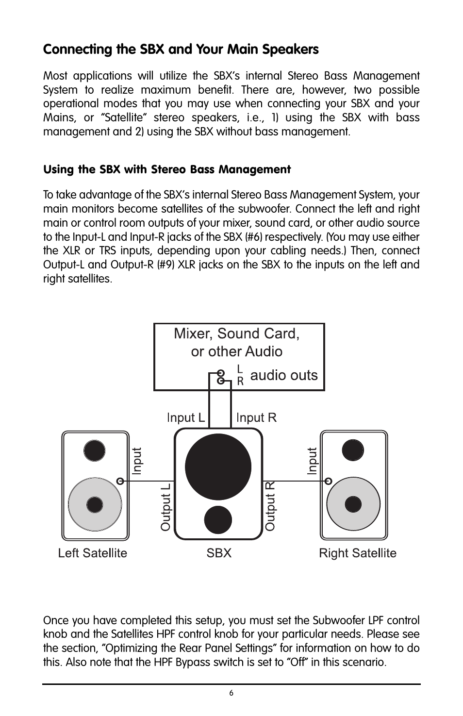 Connecting the sbx and your, Using the sbx with stereo ba, Connecting the sbx and your main speakers | Using the sbx with stereo bass management | M-AUDIO Studiophile SBX User Manual | Page 6 / 16