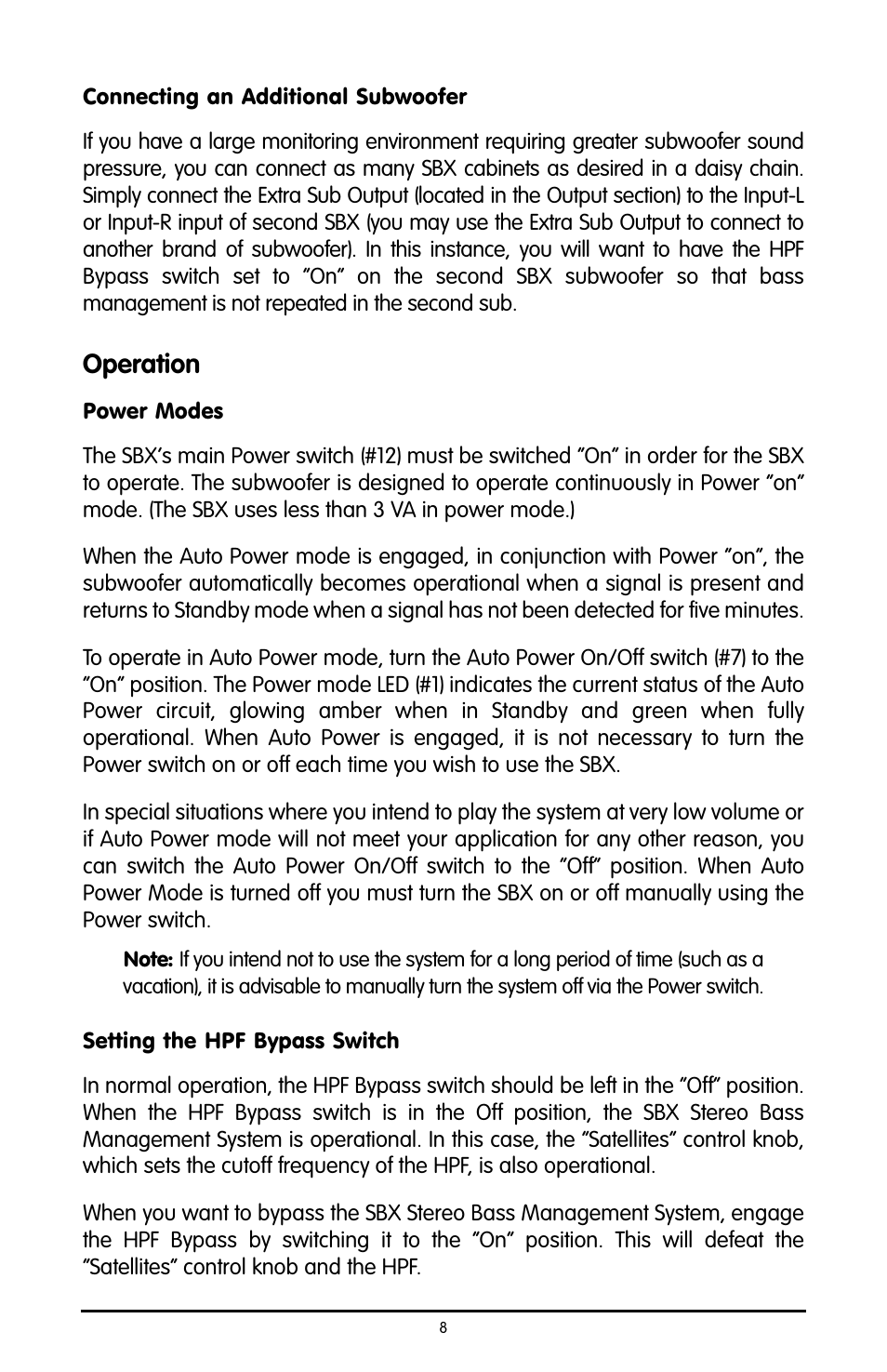 Connecting an additional sub, Operation, Power modes | Setting the hpf bypass switch, Connecting an additional subwoofer, Power modes setting the hpf bypass switch | M-AUDIO Studiophile SBX User Manual | Page 8 / 16