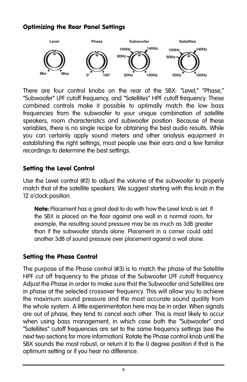 Optimizing the rear panel se, Setting the level control, Setting the phase control | M-AUDIO Studiophile SBX User Manual | Page 9 / 16