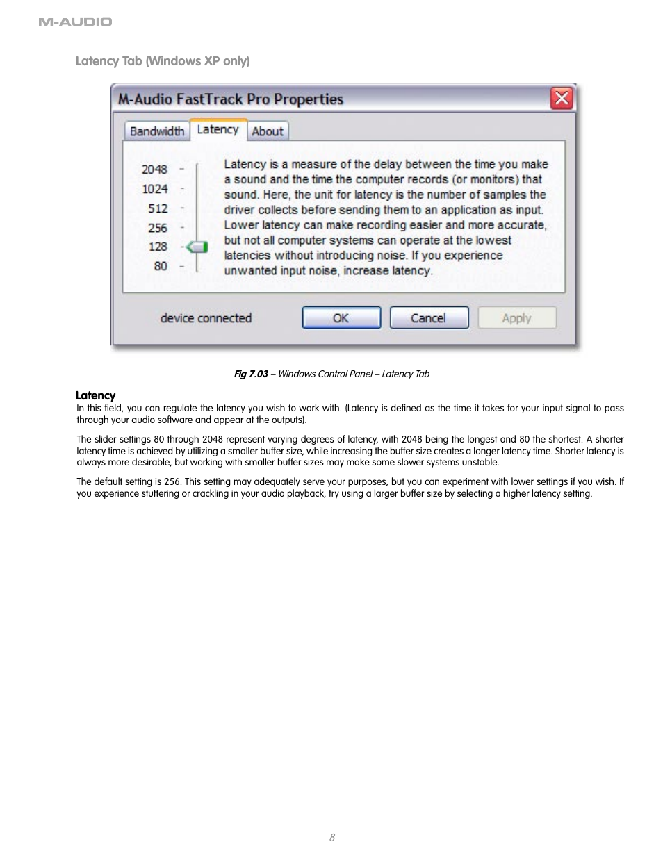 Latency tab (windows xp only), Latency | M-AUDIO Fast Track Pro User Manual | Page 10 / 16
