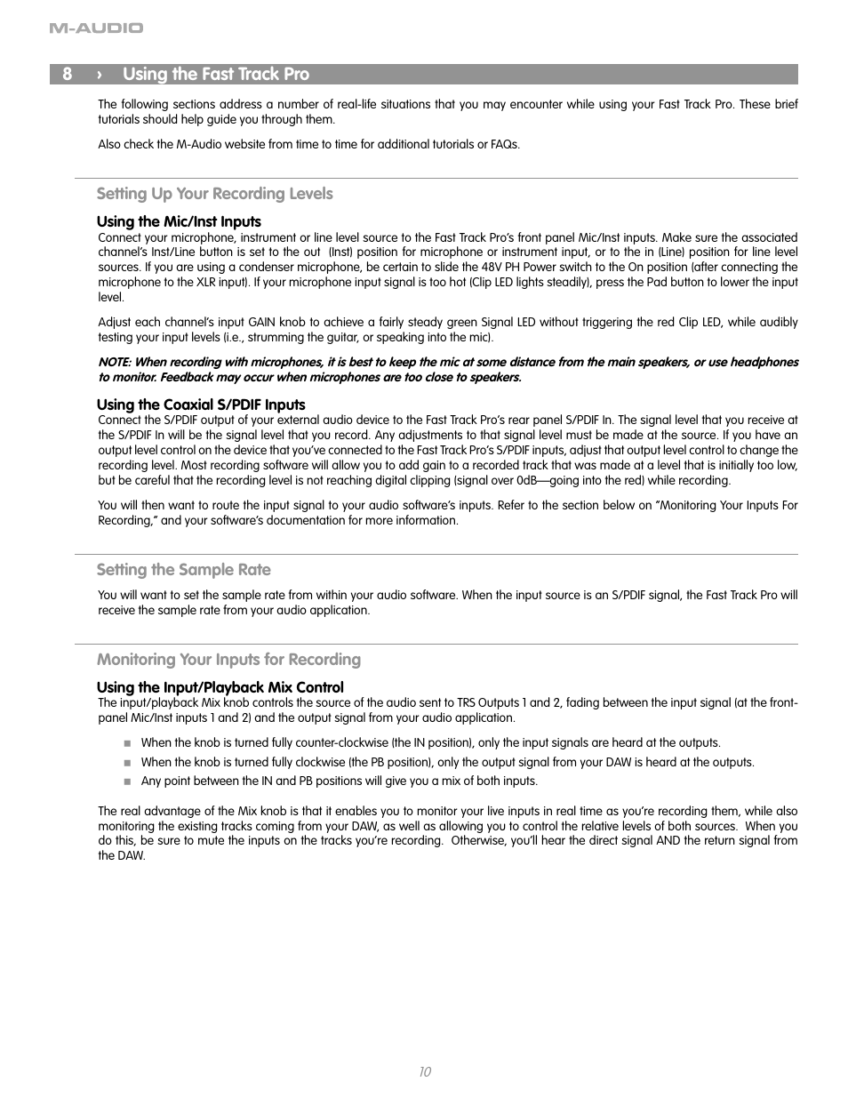 8 › using the fast track pro, Setting up your recording levels, Using the mic/inst inputs | Using the coaxial s/pdif inputs, Setting the sample rate, Monitoring your inputs for recording, Using the input/playback mix control, 8 using the fast track pro | M-AUDIO Fast Track Pro User Manual | Page 12 / 16